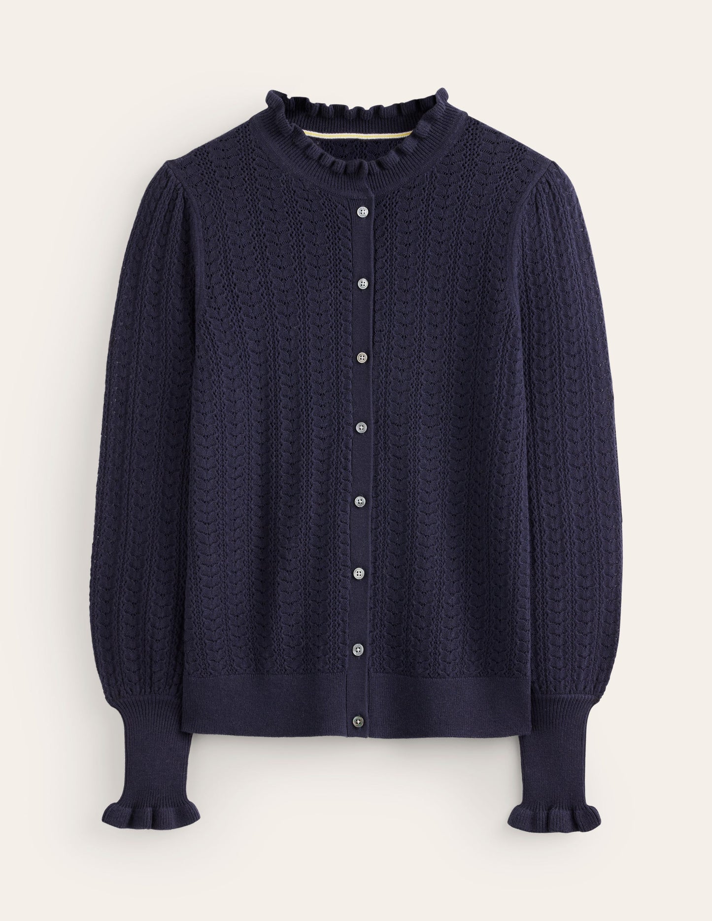 Tia Pointelle Frilled Cardigan-Navy