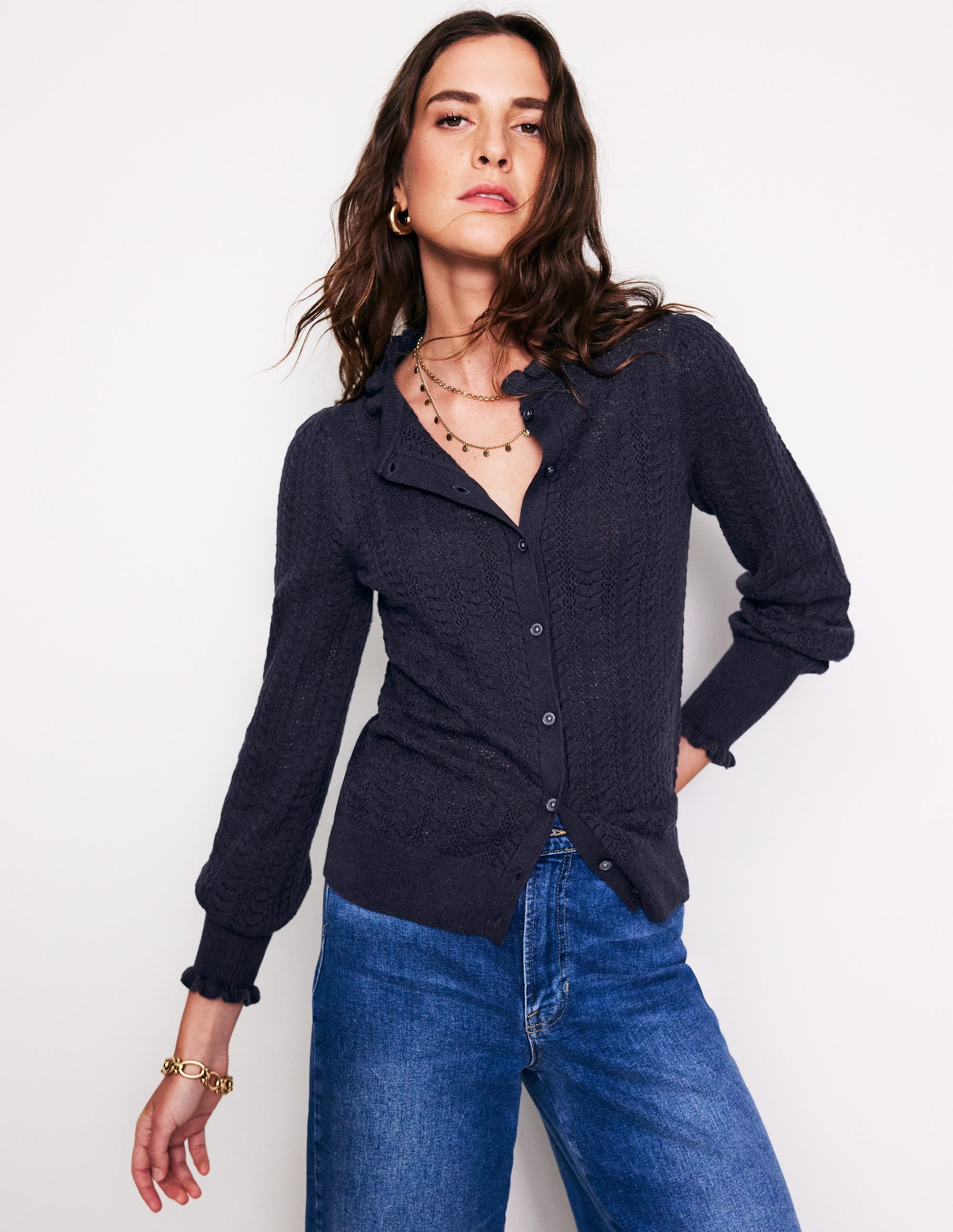 Tia Pointelle Frilled Cardigan-Navy - Image 1