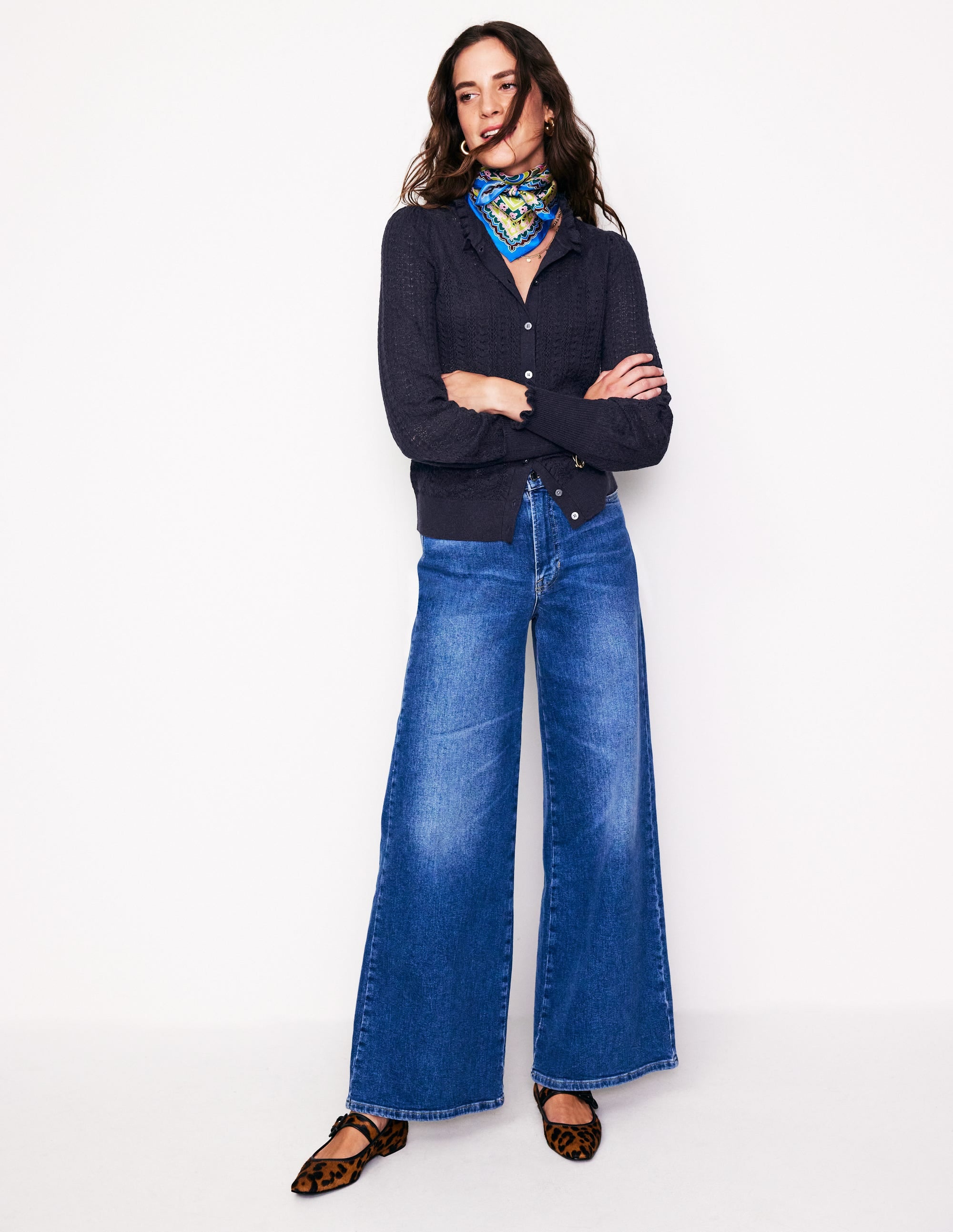 Tia Pointelle Frilled Cardigan-Navy - Image 4