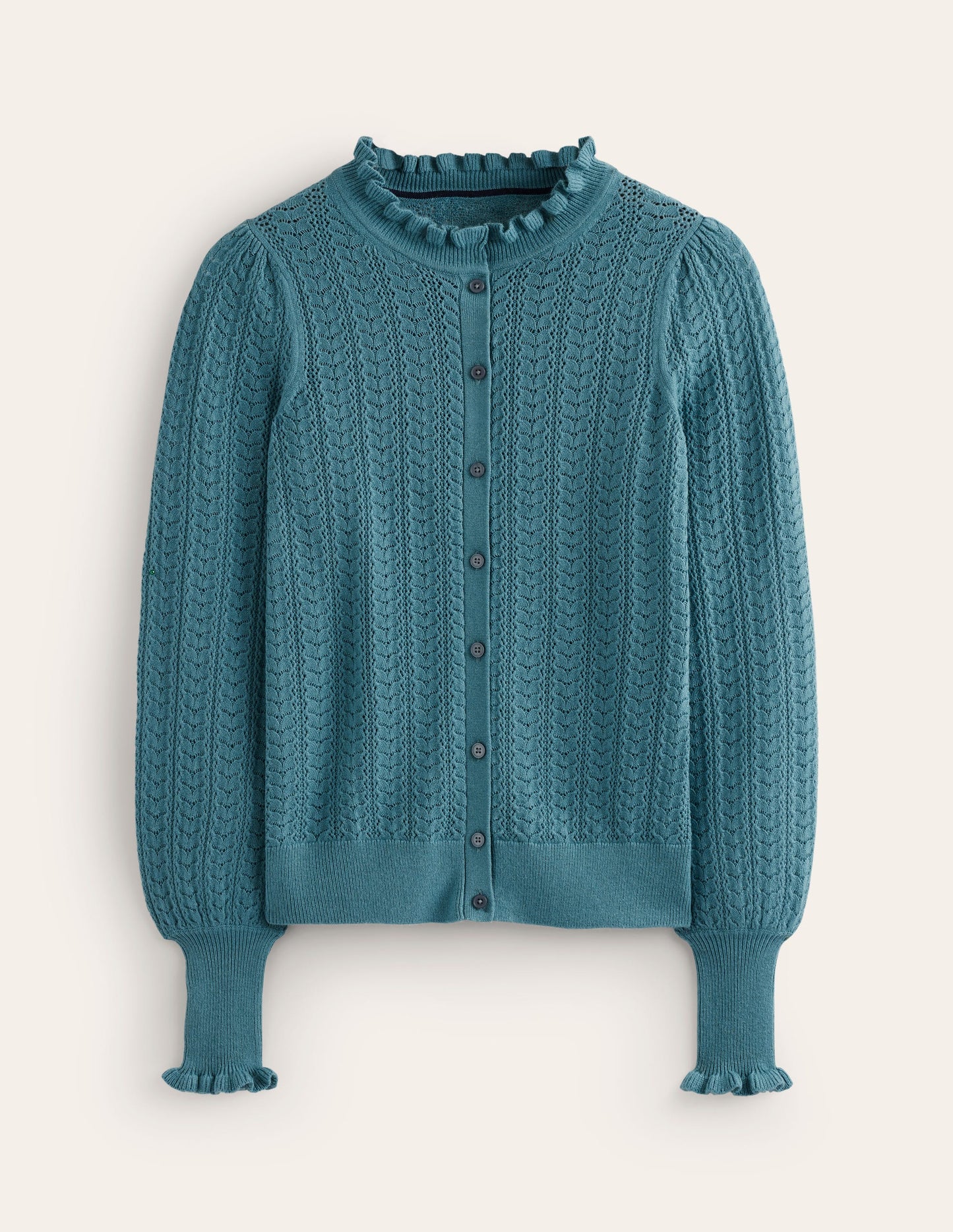 Tia Pointelle Frilled Cardigan-Blue Grass