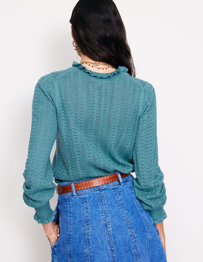 Tia Pointelle Frilled Cardigan-Blue Grass-3