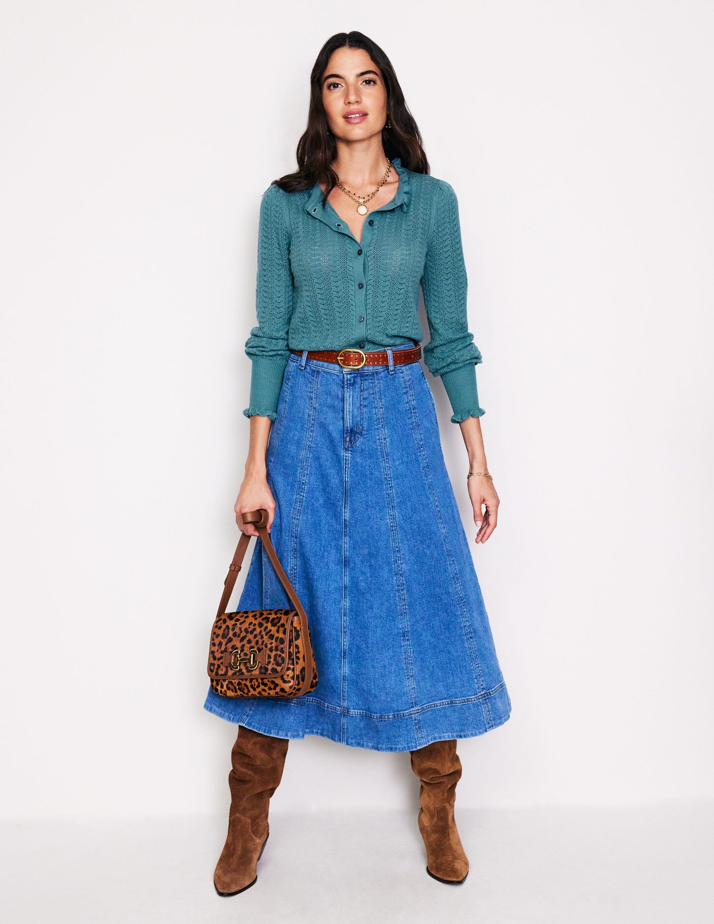 Tia Pointelle Frilled Cardigan-Blue Grass