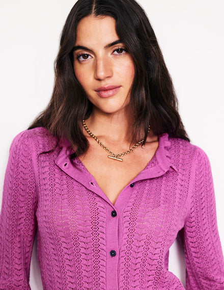 Tia Pointelle Frilled Cardigan-Foxglove Purple