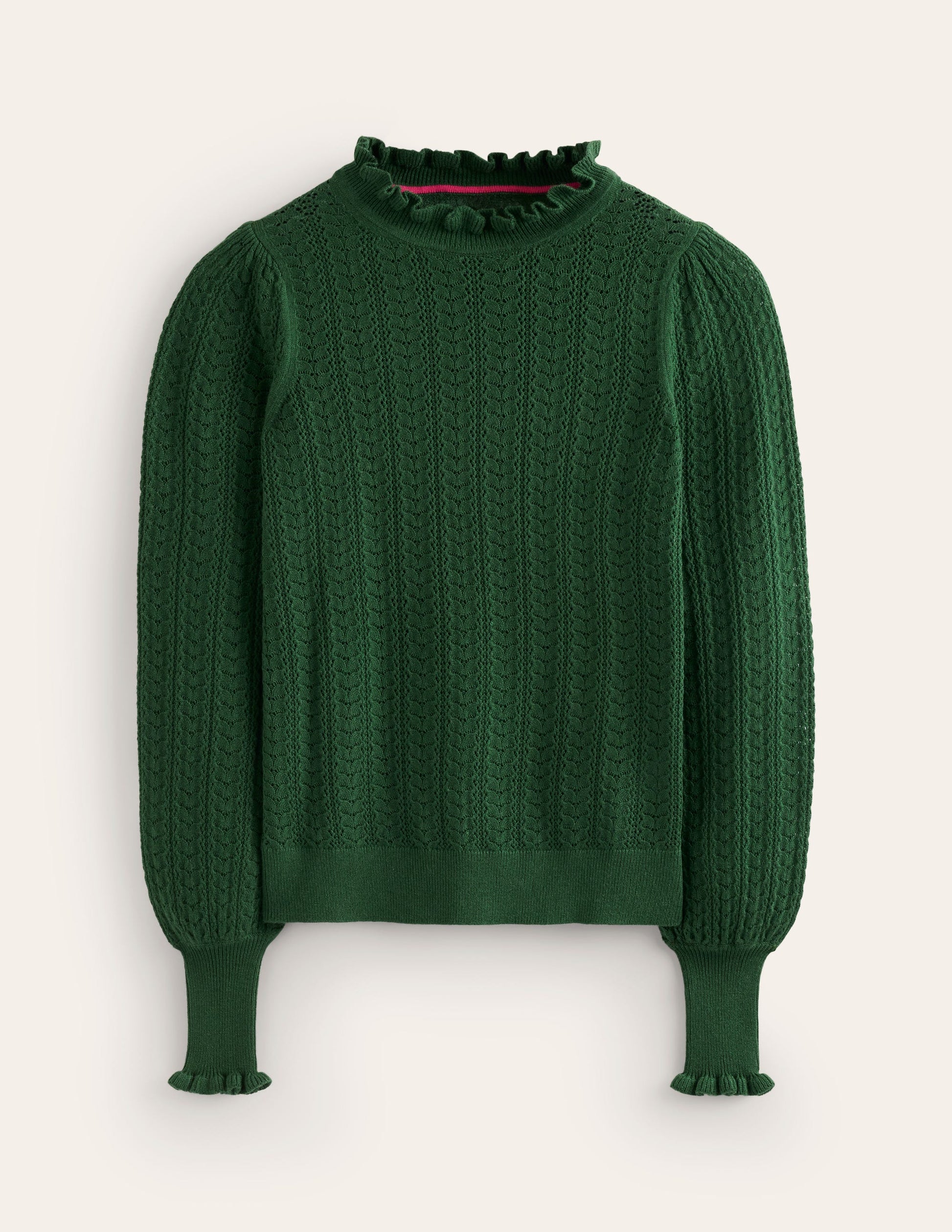 Tia Pointelle Frilled Jumper-Pine Green-5