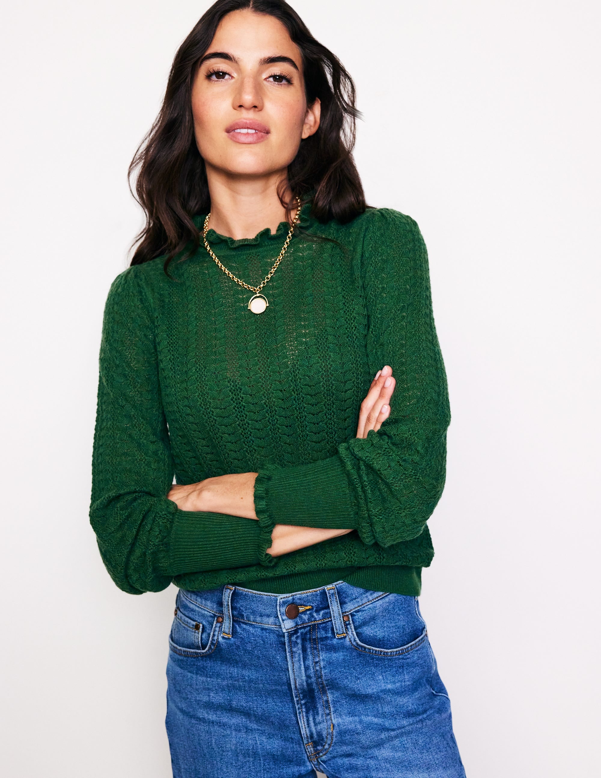 Tia Pointelle Frilled Jumper-Pine Green - Image 2