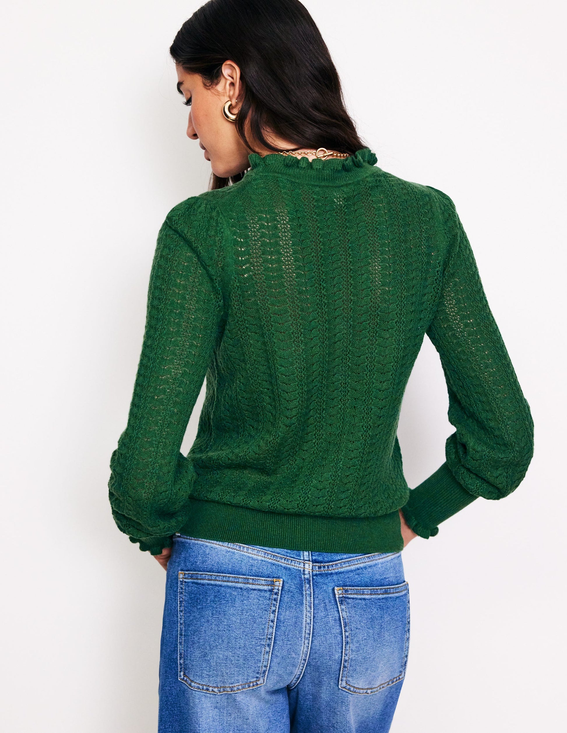 Tia Pointelle Frilled Jumper-Pine Green-3