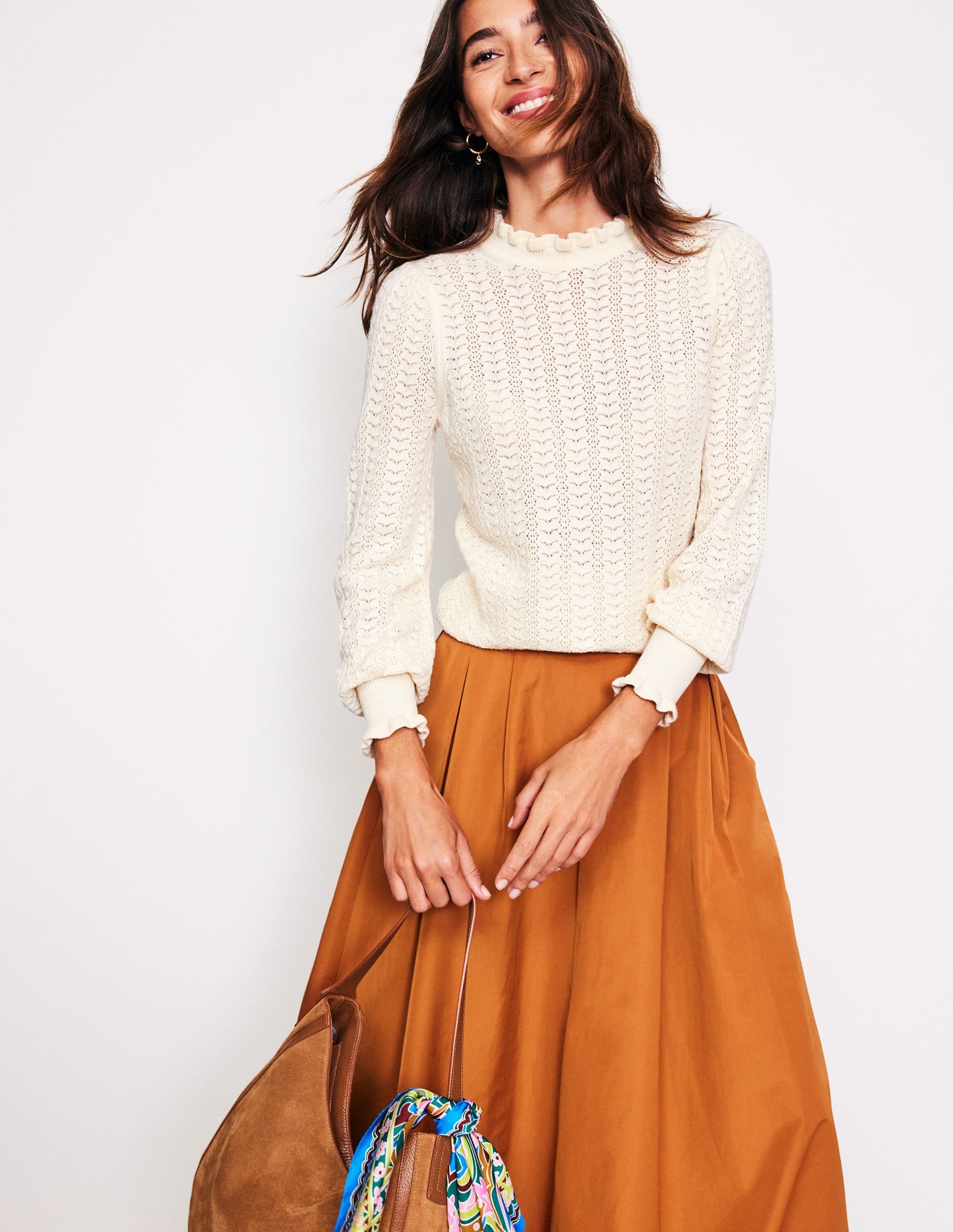 Tia Pointelle Frilled Jumper-Warm Ivory