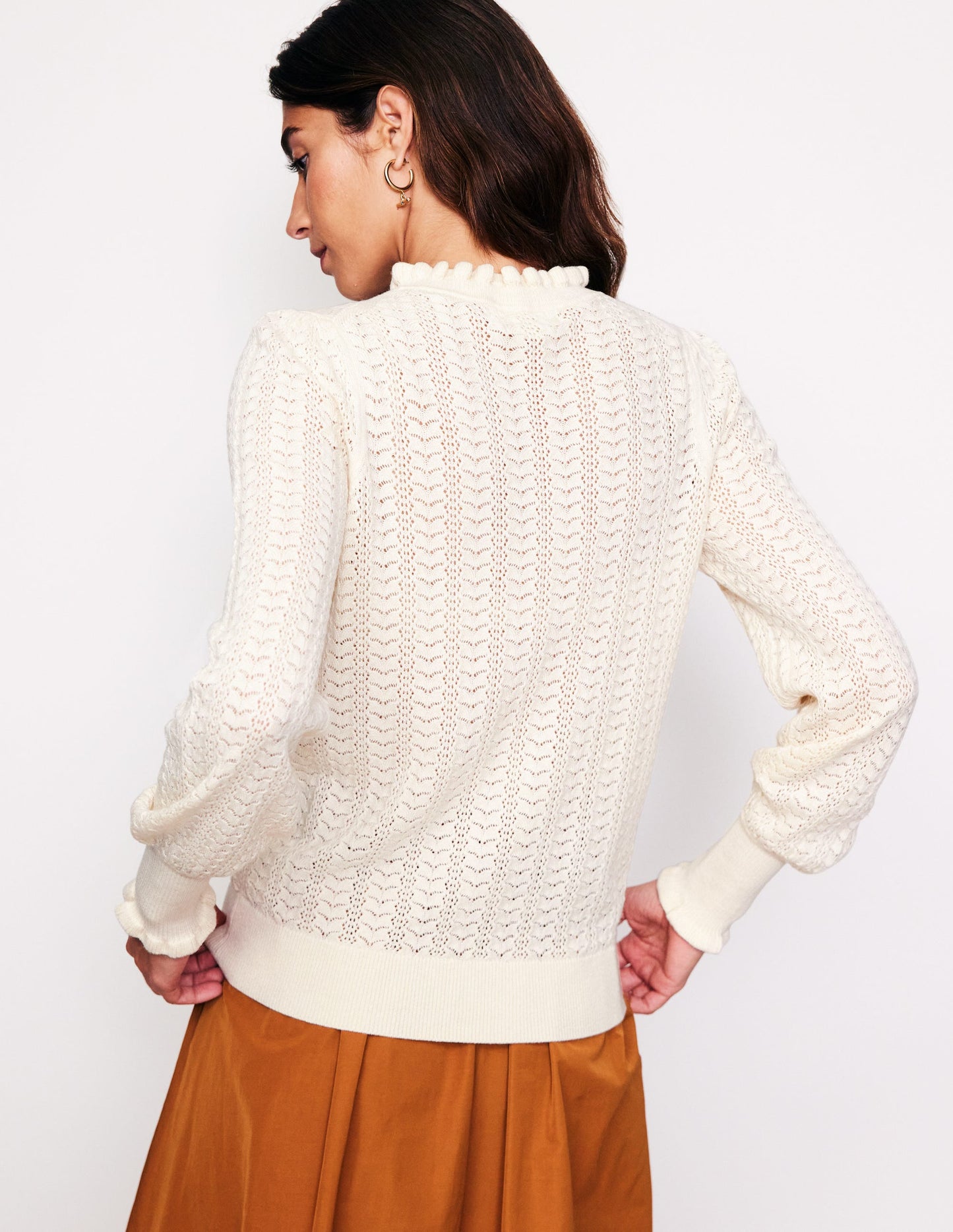 Tia Pointelle Frilled Jumper-Warm Ivory