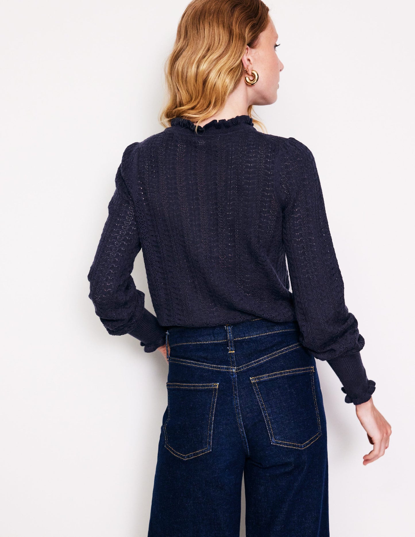 Tia Pointelle Frilled Jumper-Navy