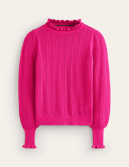 Tia Pointelle Frilled Jumper-Pink Peacock