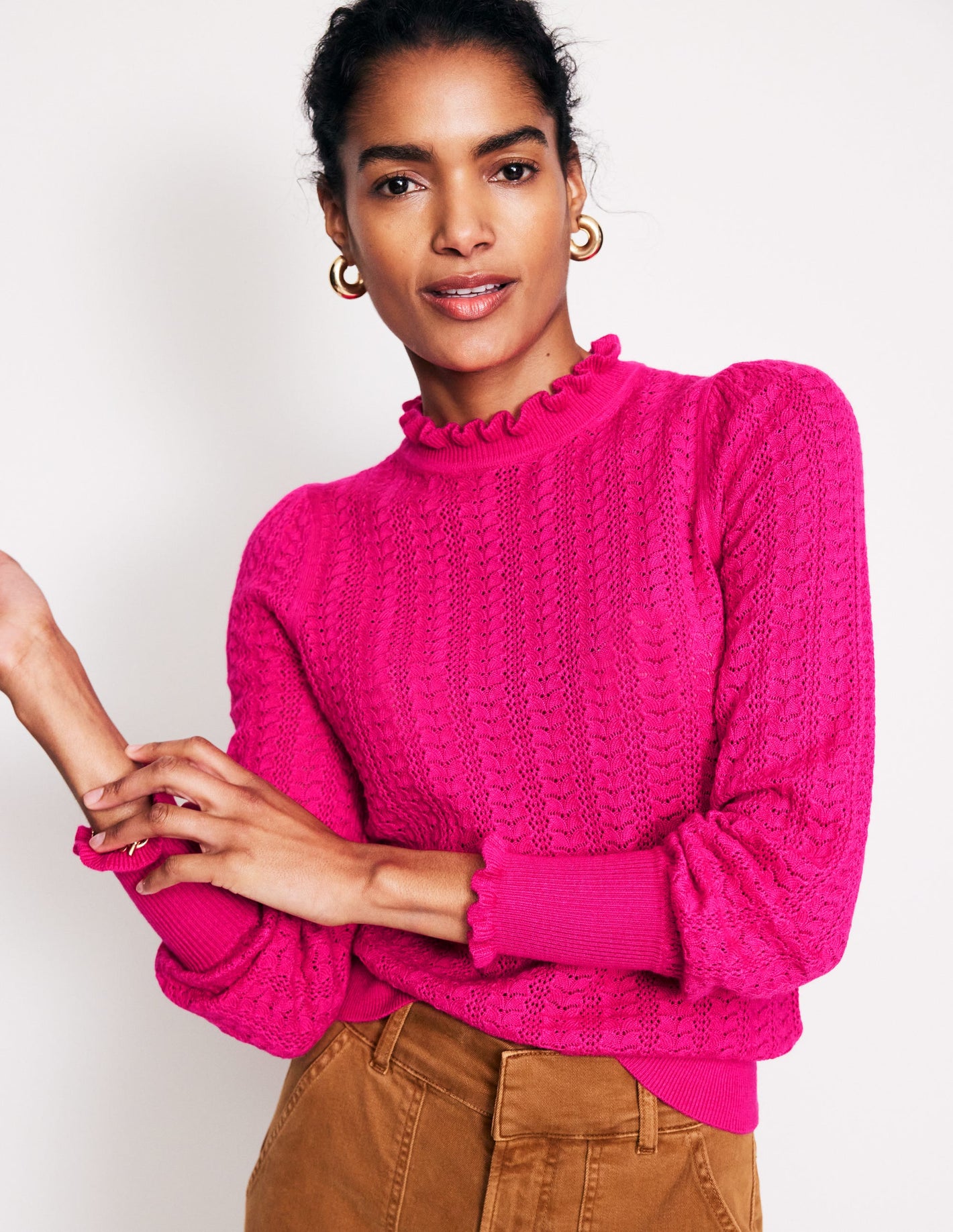 Tia Pointelle Frilled Jumper-Pink Peacock