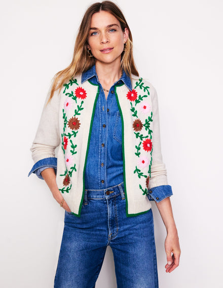 Flower Embroidered Cardigan-Warm Ivory