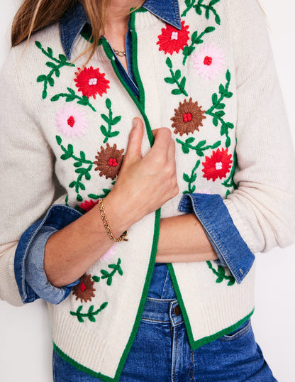 Flower Embroidered Cardigan-Warm Ivory