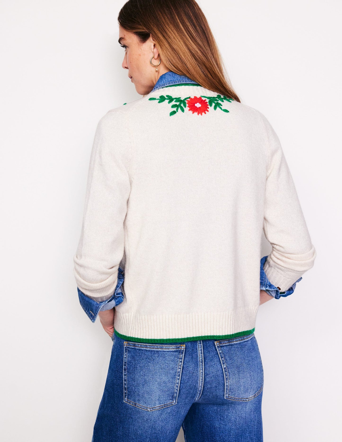 Flower Embroidered Cardigan-Warm Ivory