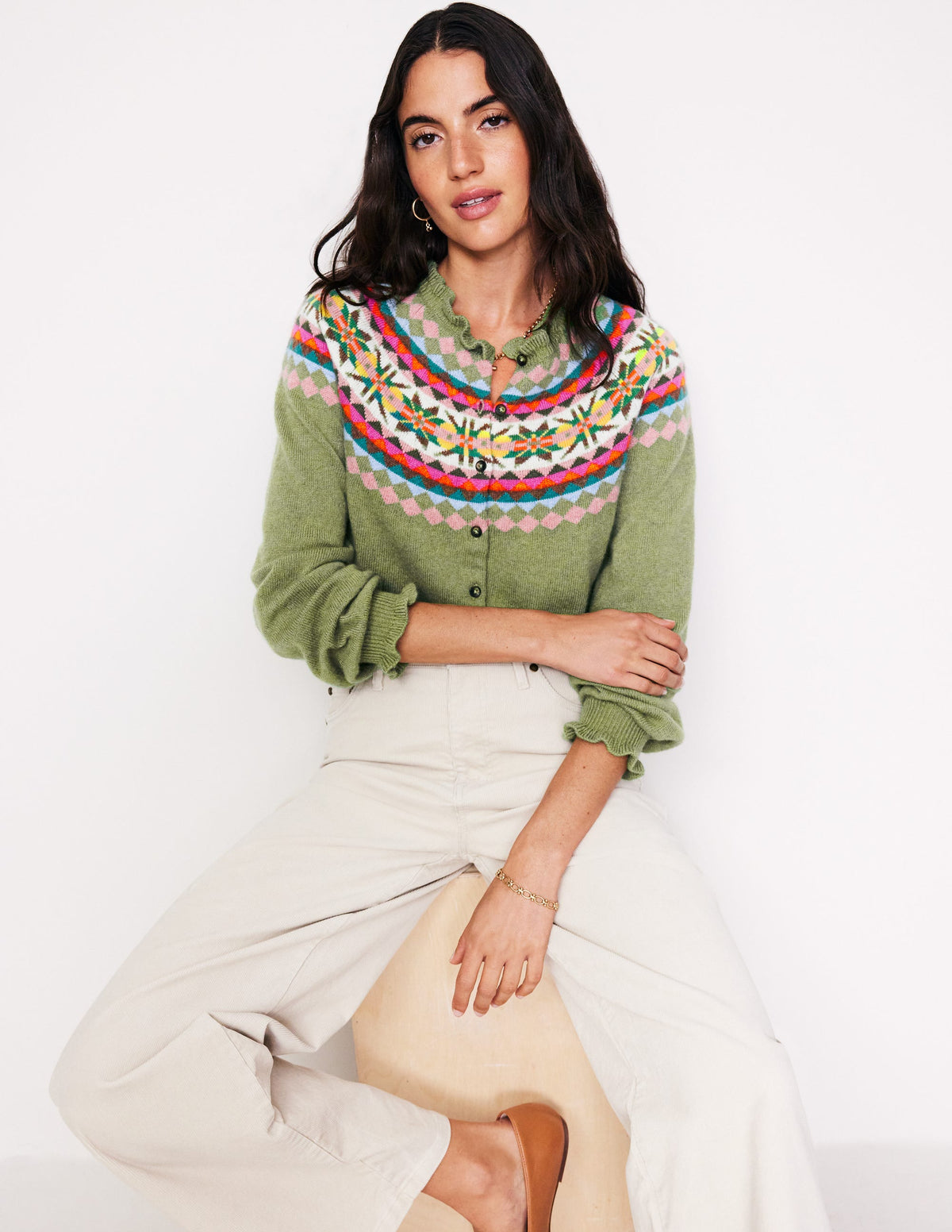 Fae Fair Isle Frilled Cardigan-Green-1