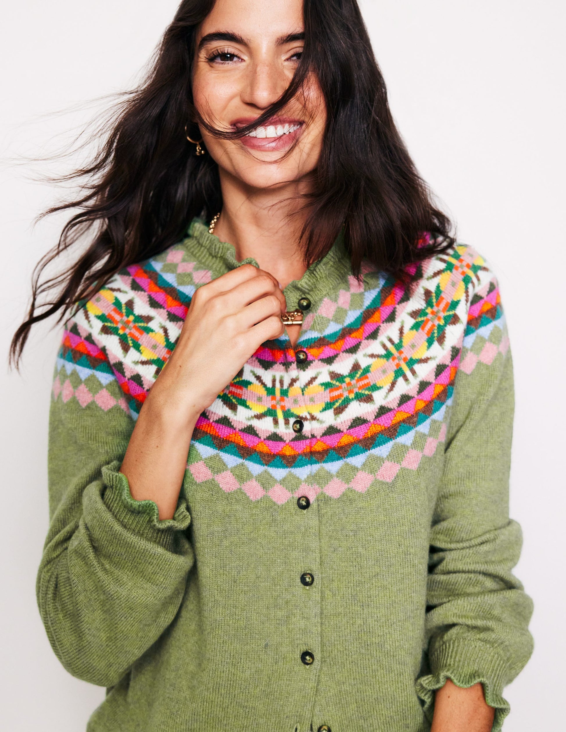Fae Fair Isle Frilled Cardigan-Green-2