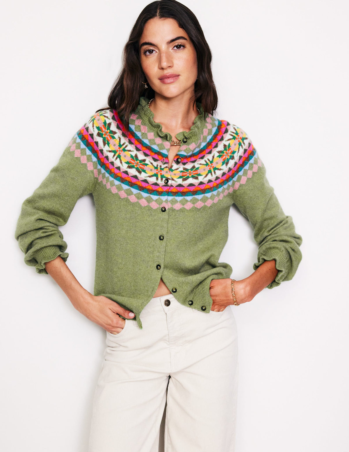 Fae Fair Isle Frilled Cardigan-Green-4