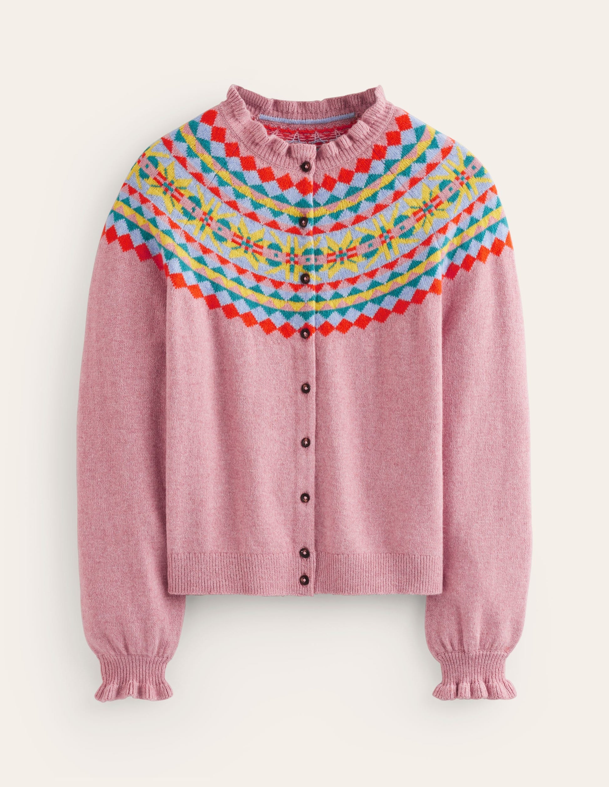 Fae Fair Isle Frilled Cardigan-Old Rose Pink-5