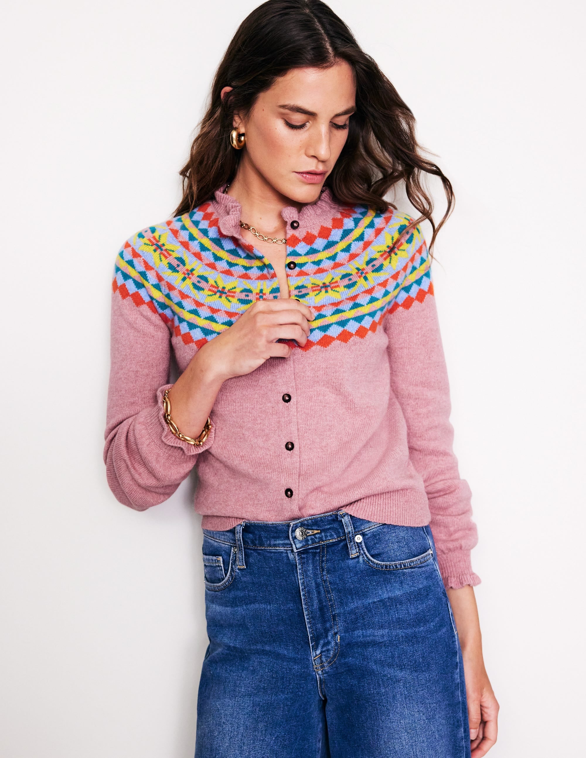 Fae Fair Isle Frilled Cardigan-Old Rose Pink - Image 1