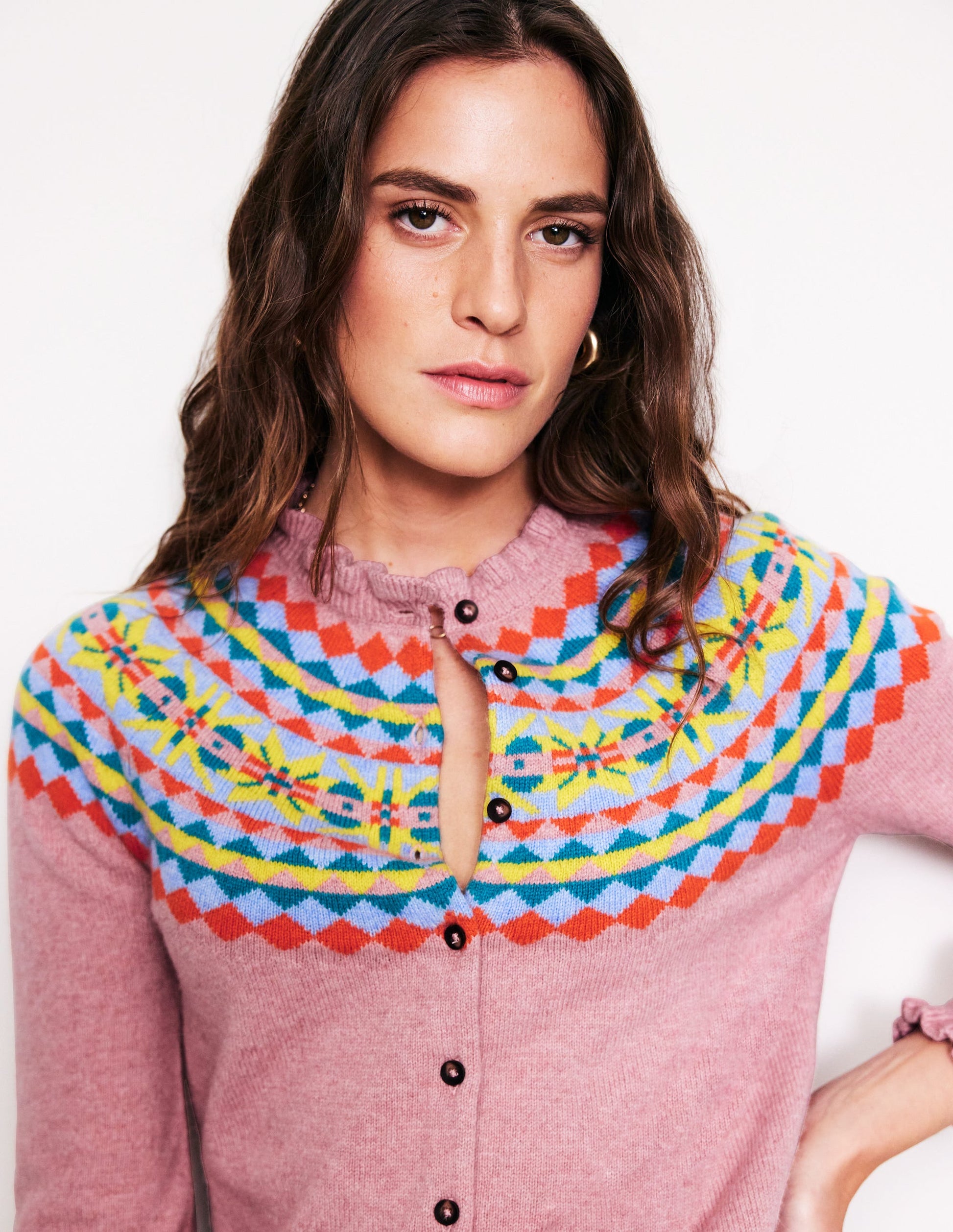 Fae Fair Isle Frilled Cardigan-Old Rose Pink-2