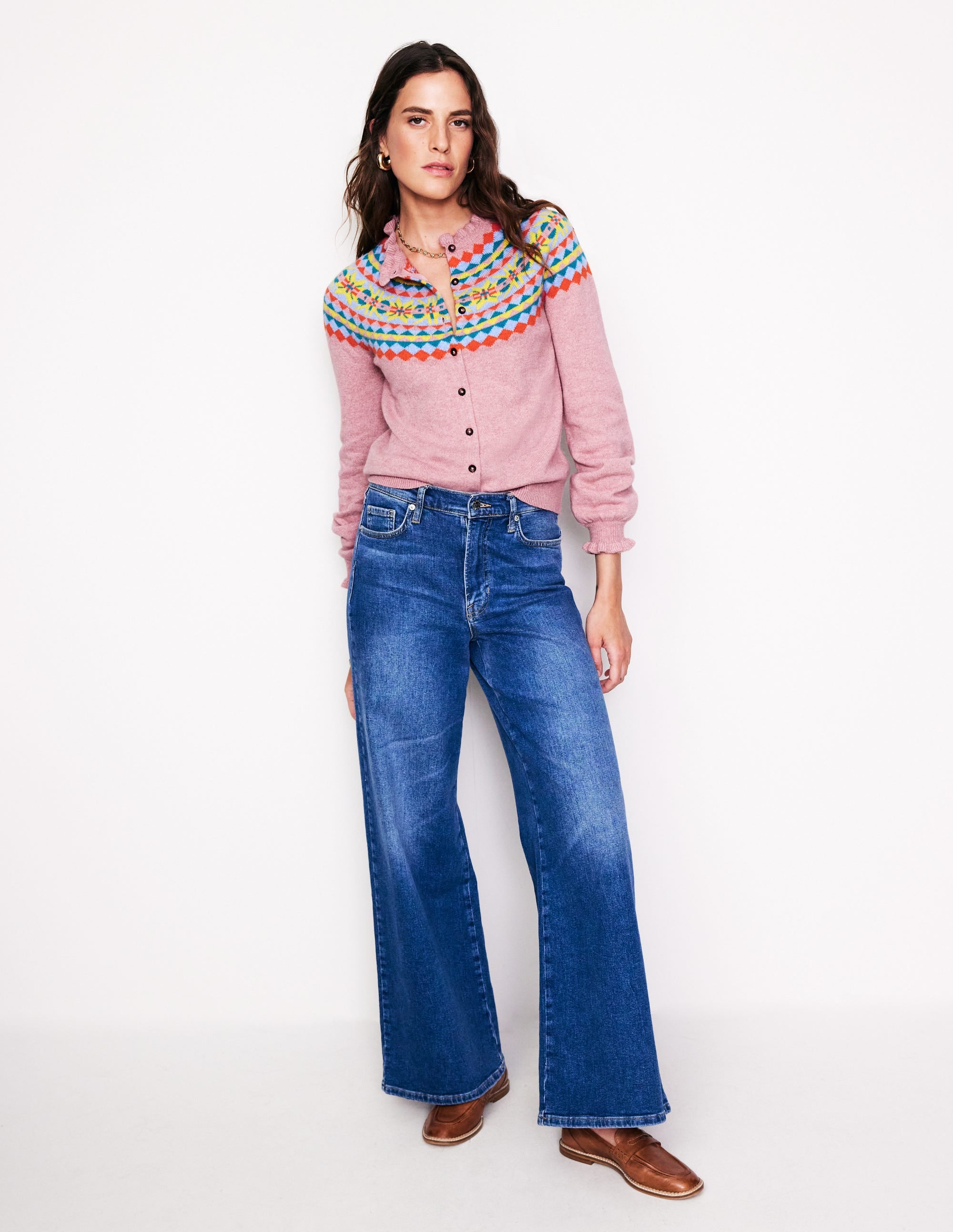 Fae Fair Isle Frilled Cardigan-Old Rose Pink - Image 4