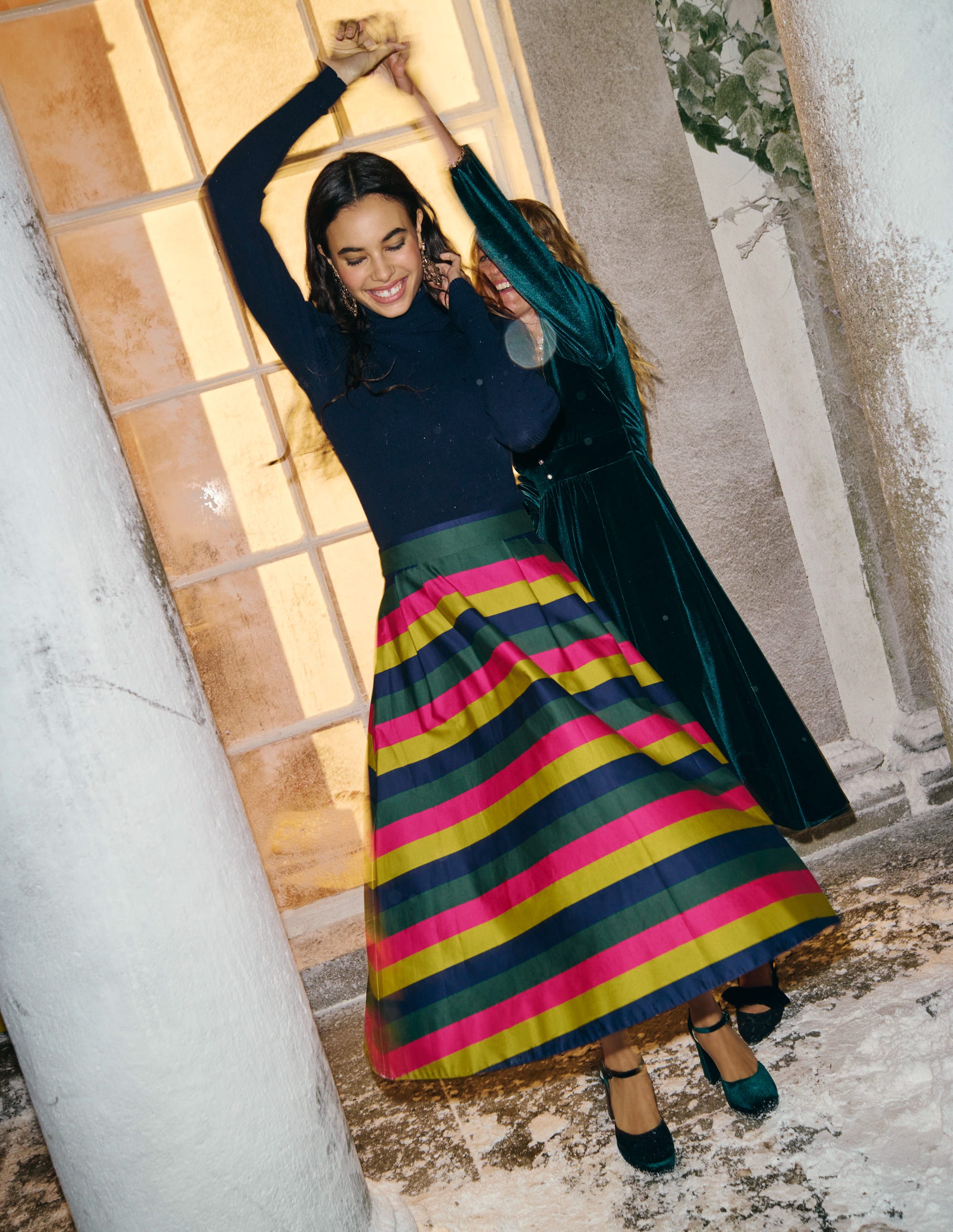 Isabella Cotton Sateen Skirt-Pine, Multi Stripe - Image 5