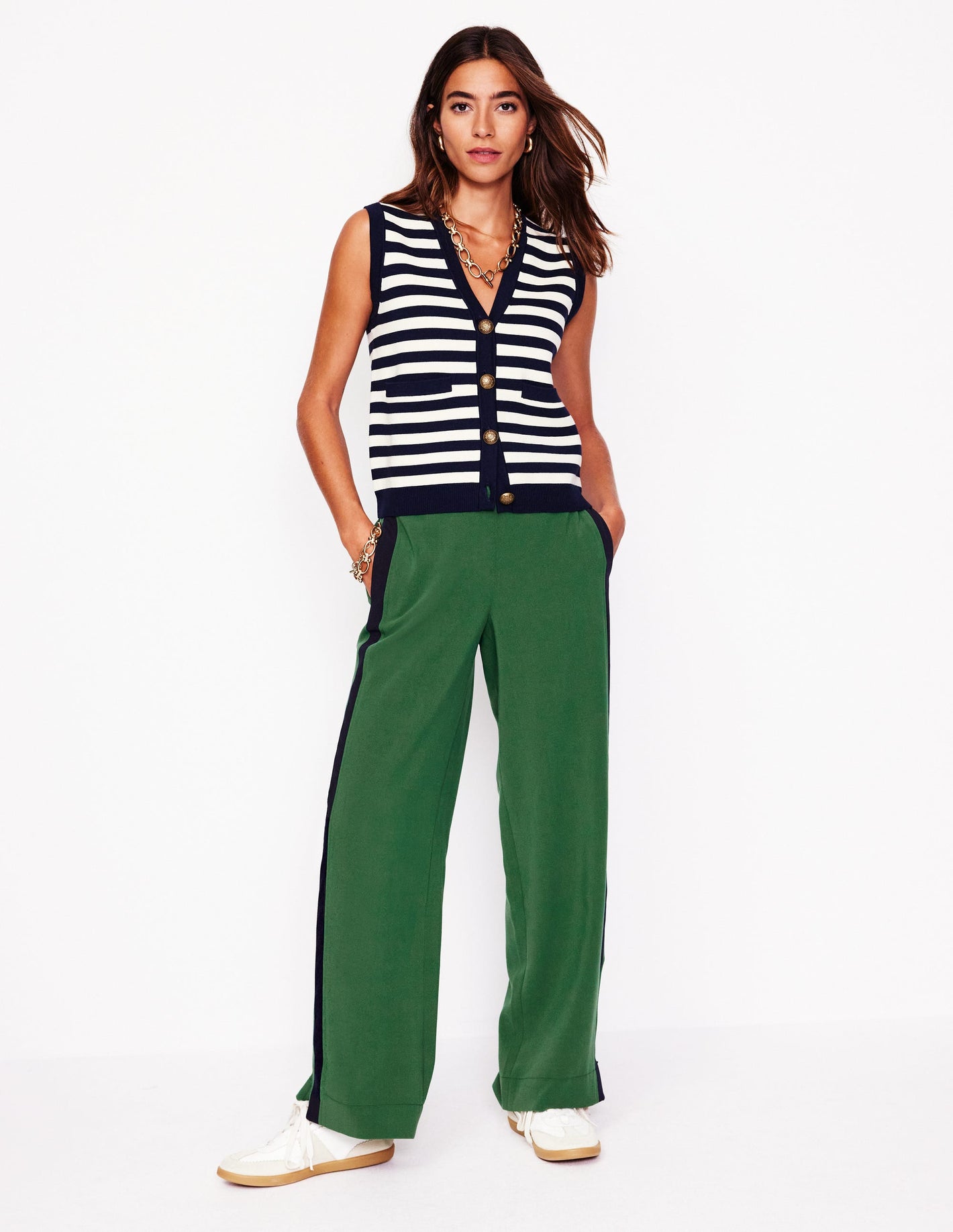 Pull On Side Stripe Trousers-Pine with Navy Stripe