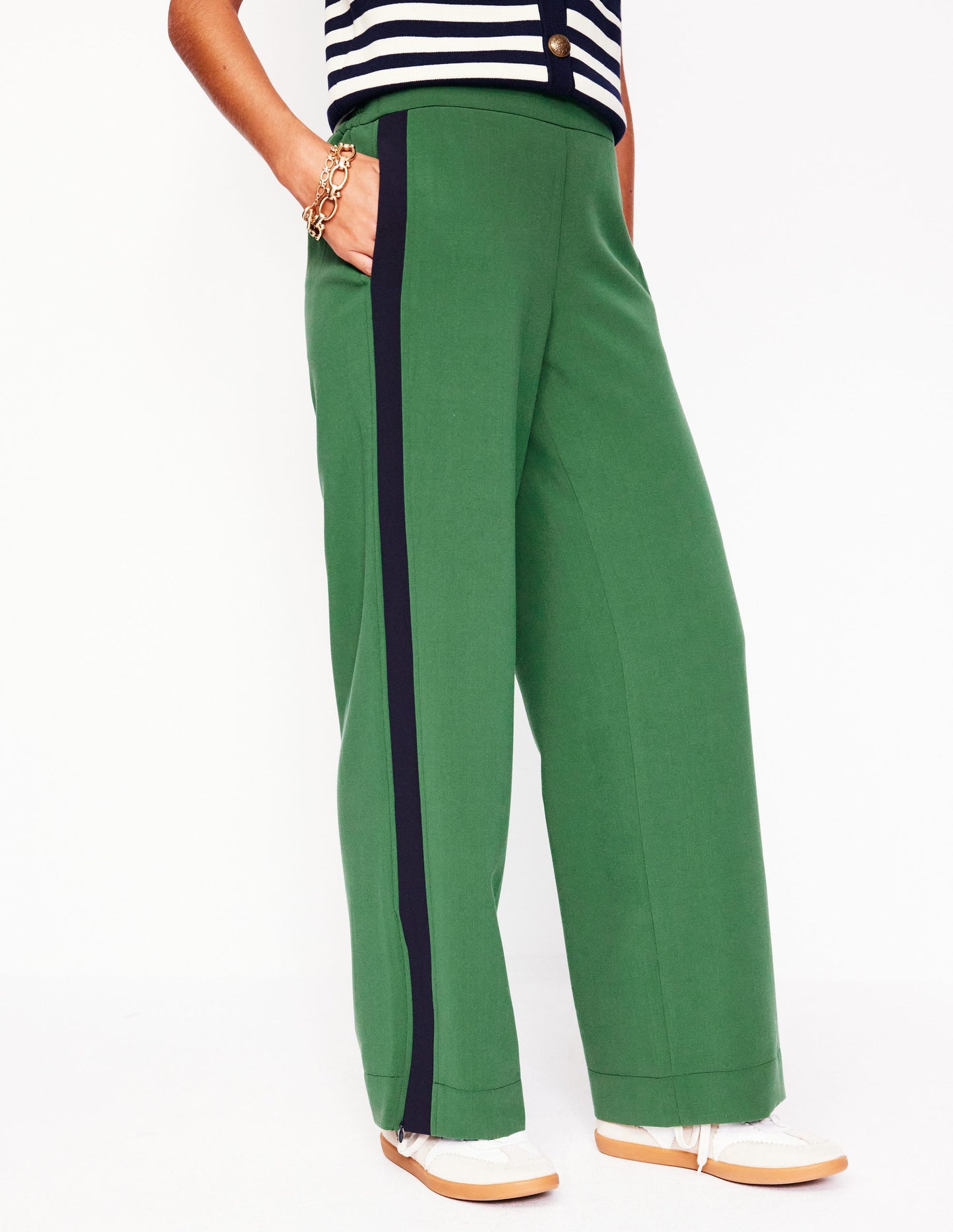 Pull On Side Stripe Trousers-Pine with Navy Stripe