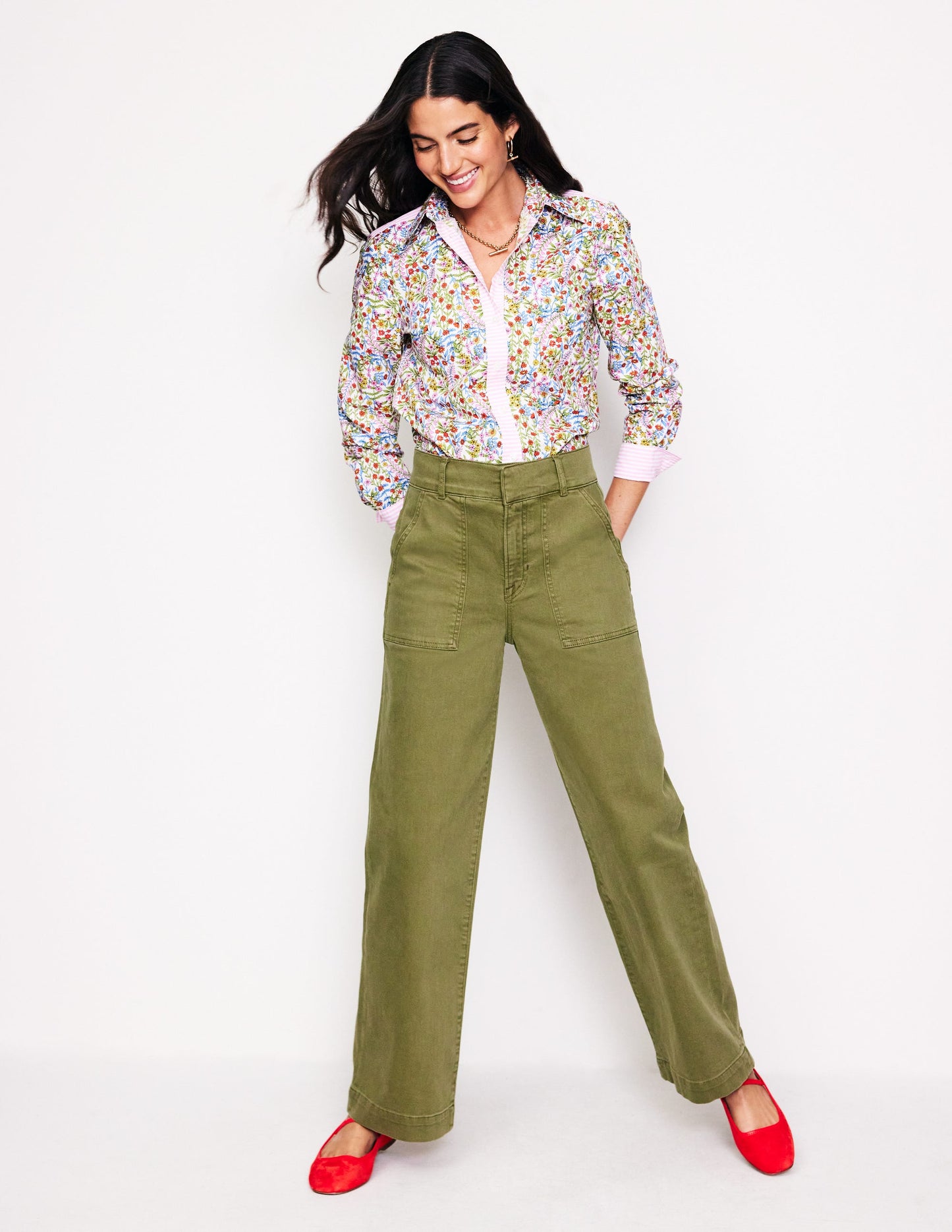 Wide Leg Cargo Trousers-Oregano