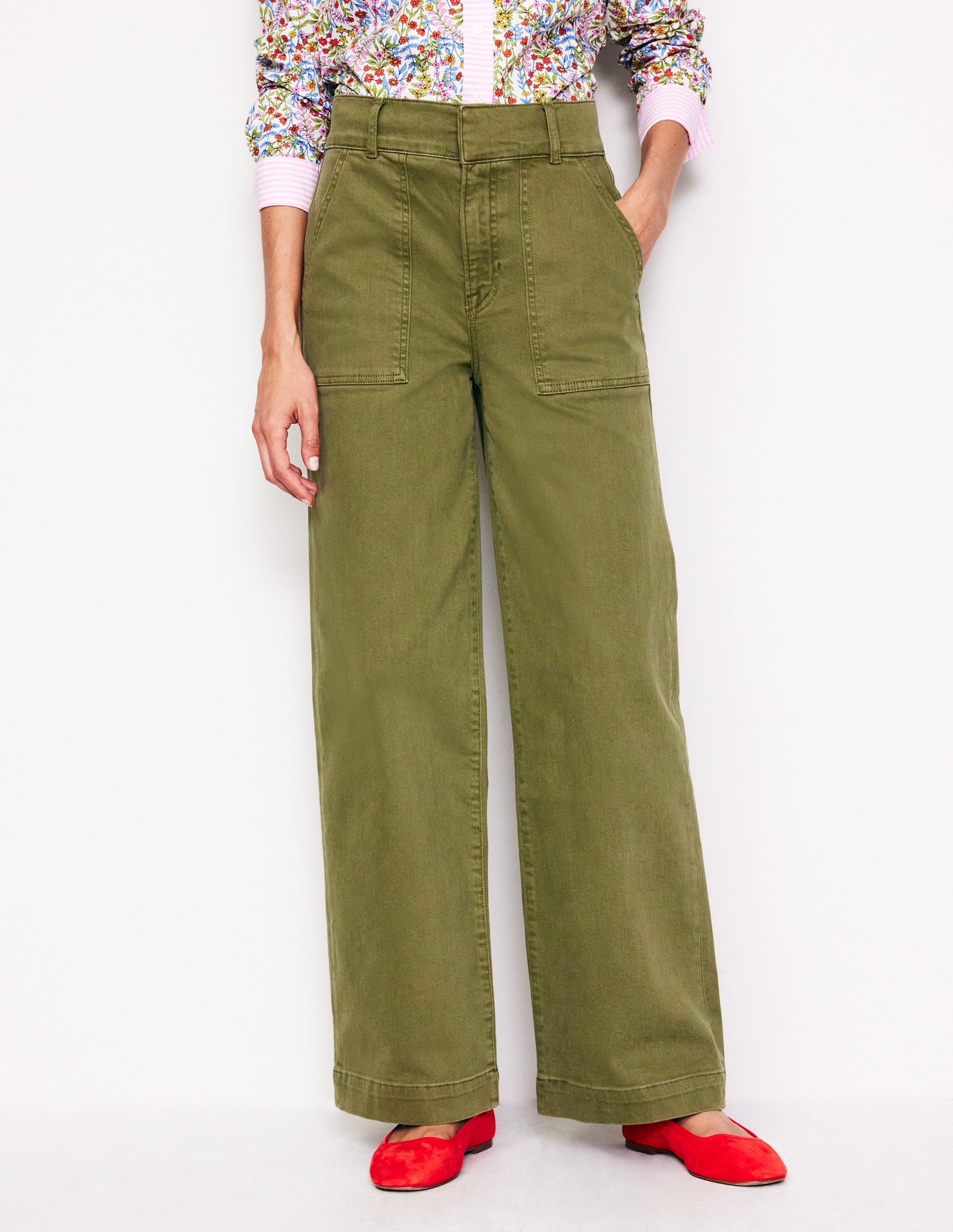 Wide Leg Cargo Trousers-Oregano