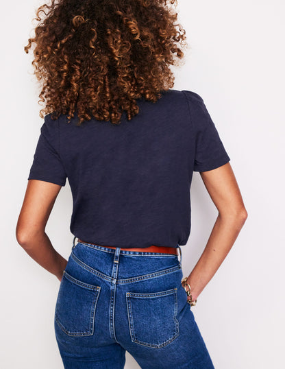 Cotton Puff Sleeve T-Shirt-Navy