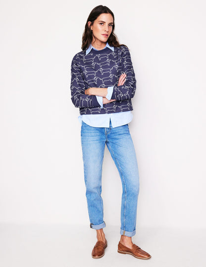 Hannah Printed Sweatshirt-Navy, Dachshund