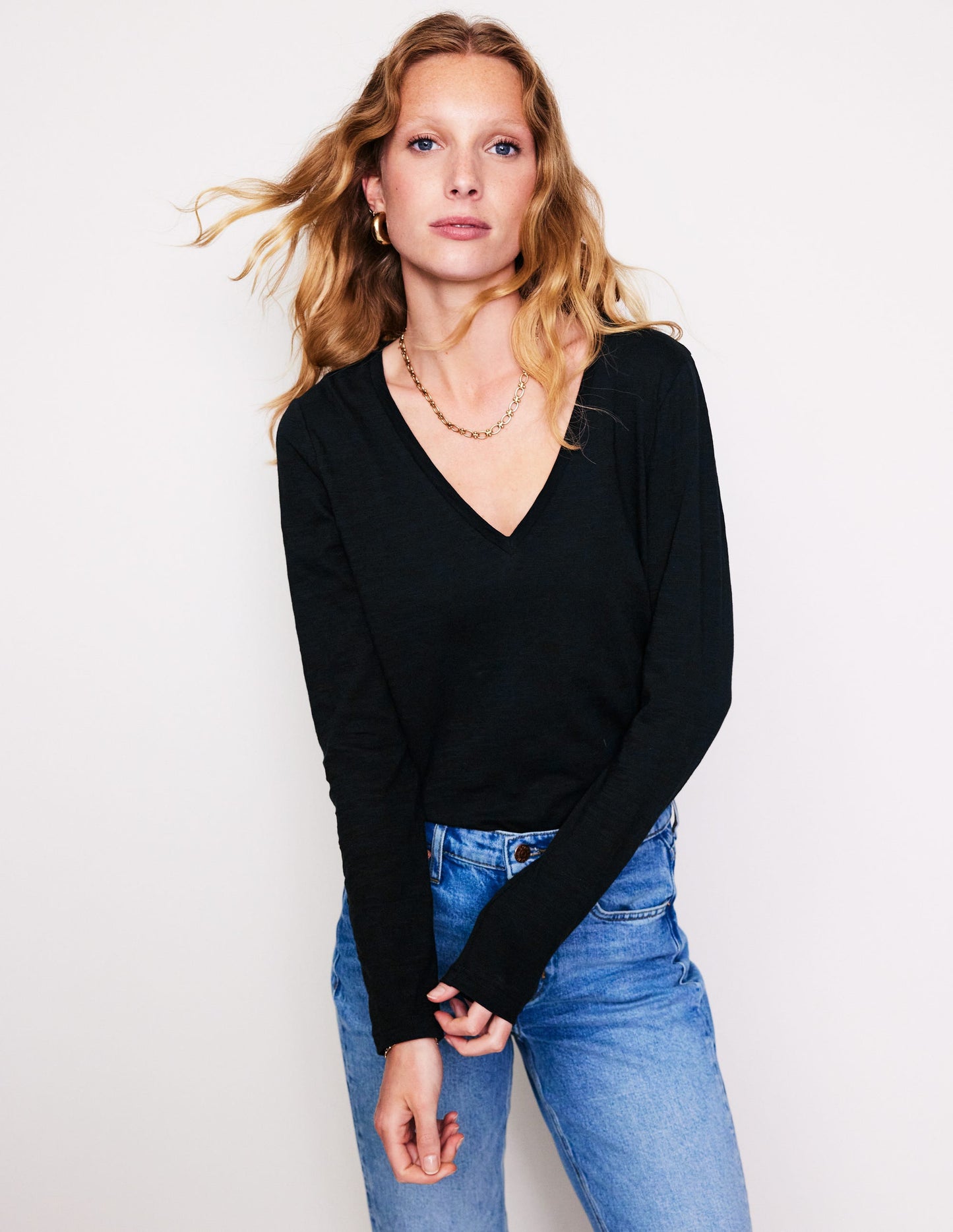 Cotton V-Neck Long Sleeve Top-Black