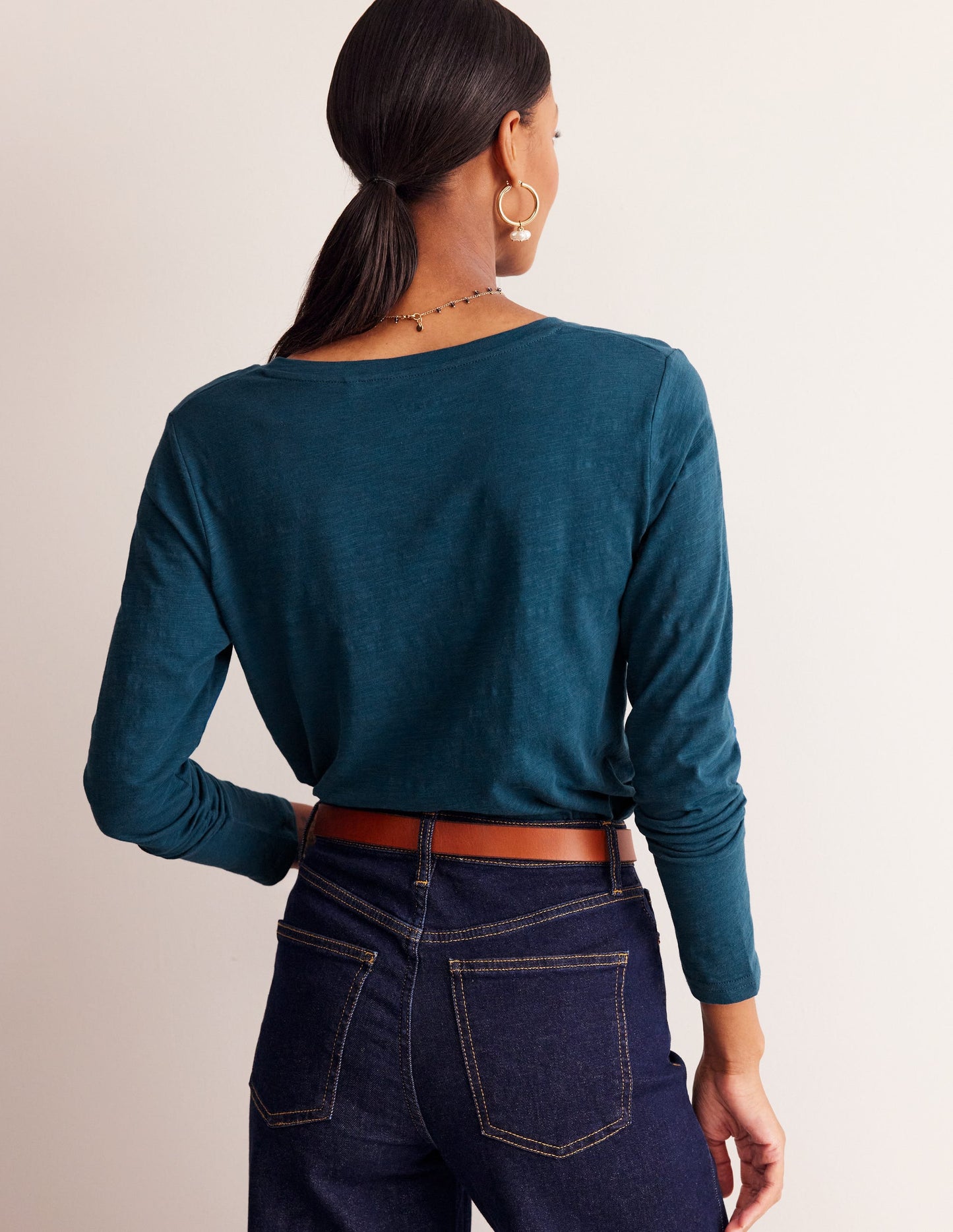 Cotton V-Neck Long Sleeve Top-Harbour Blue