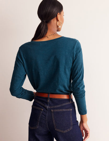 Cotton V-Neck Long Sleeve Top-Harbour Blue