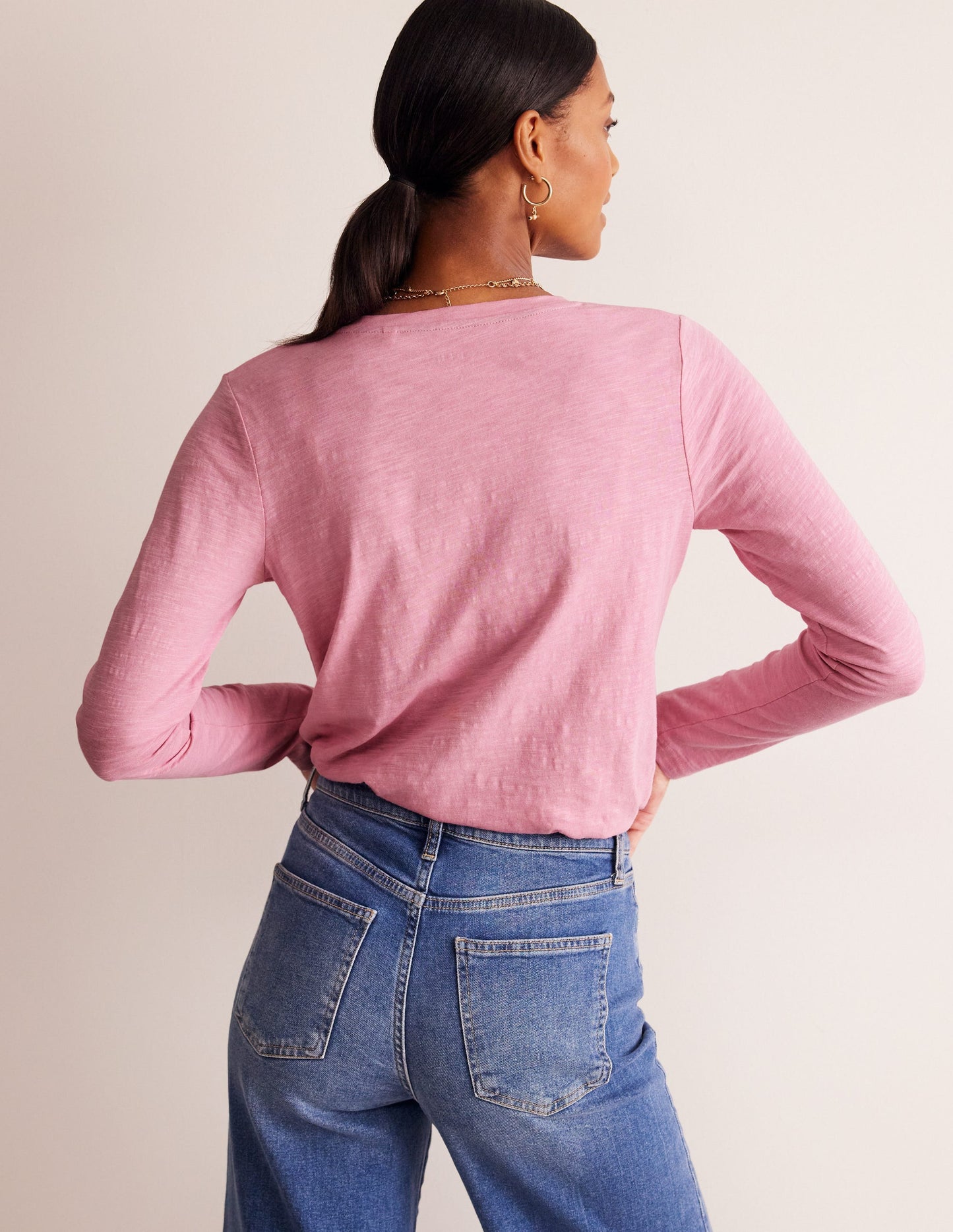 Cotton V-Neck Long Sleeve Top-Old Rose