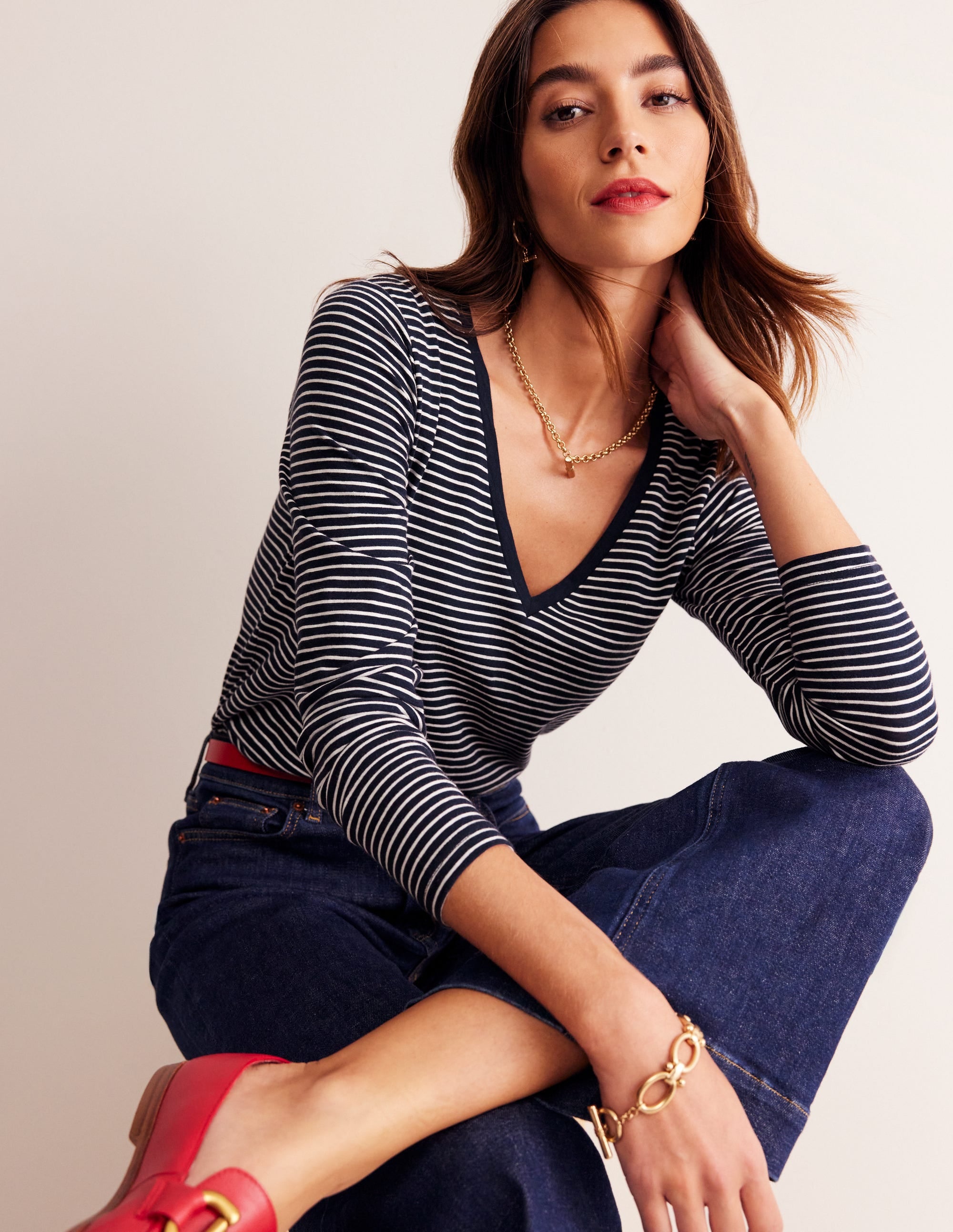Cotton V-Neck Long Sleeve Top-Navy, Ivory - Image 1