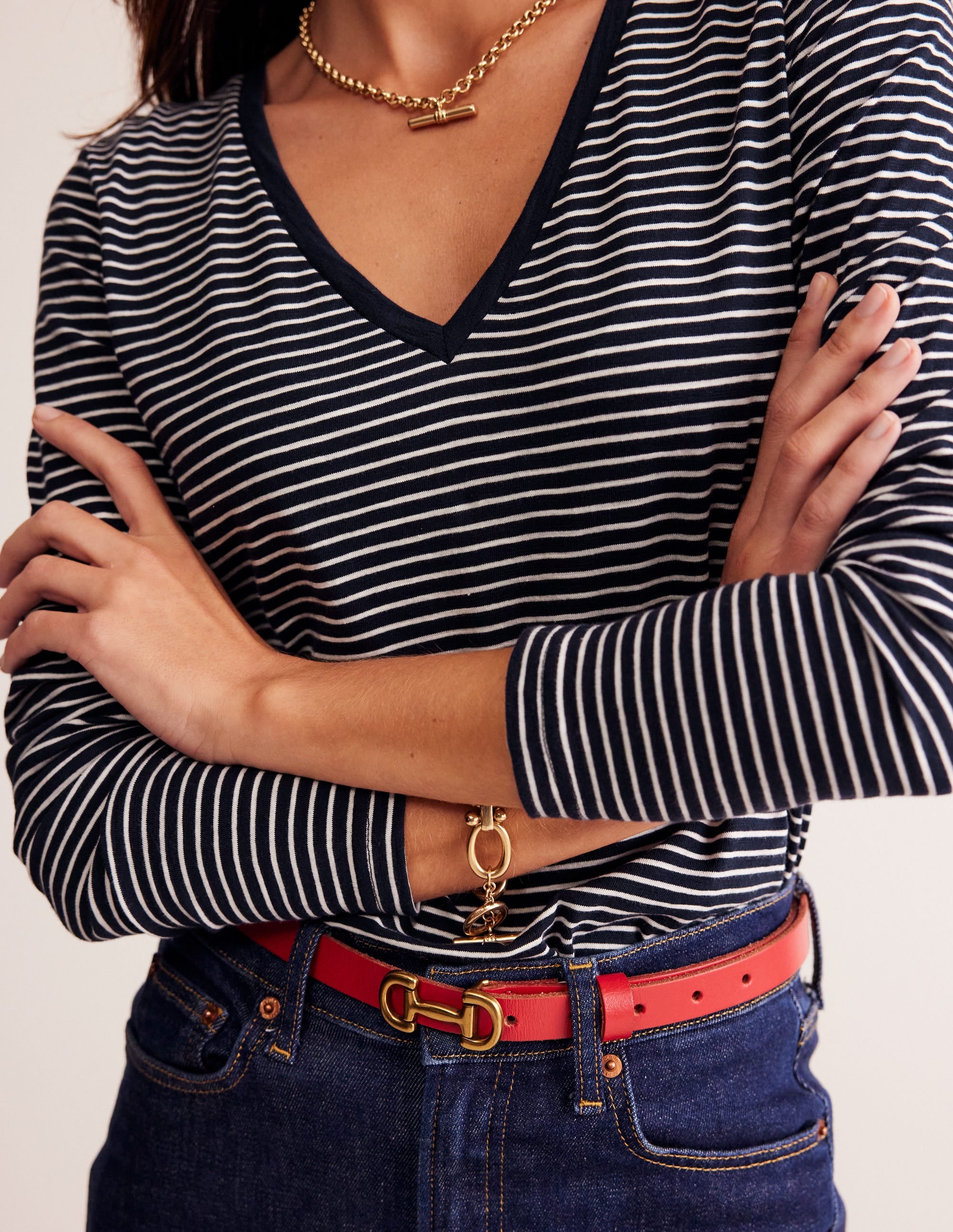 Cotton V-Neck Long Sleeve Top-Navy, Ivory - Image 2