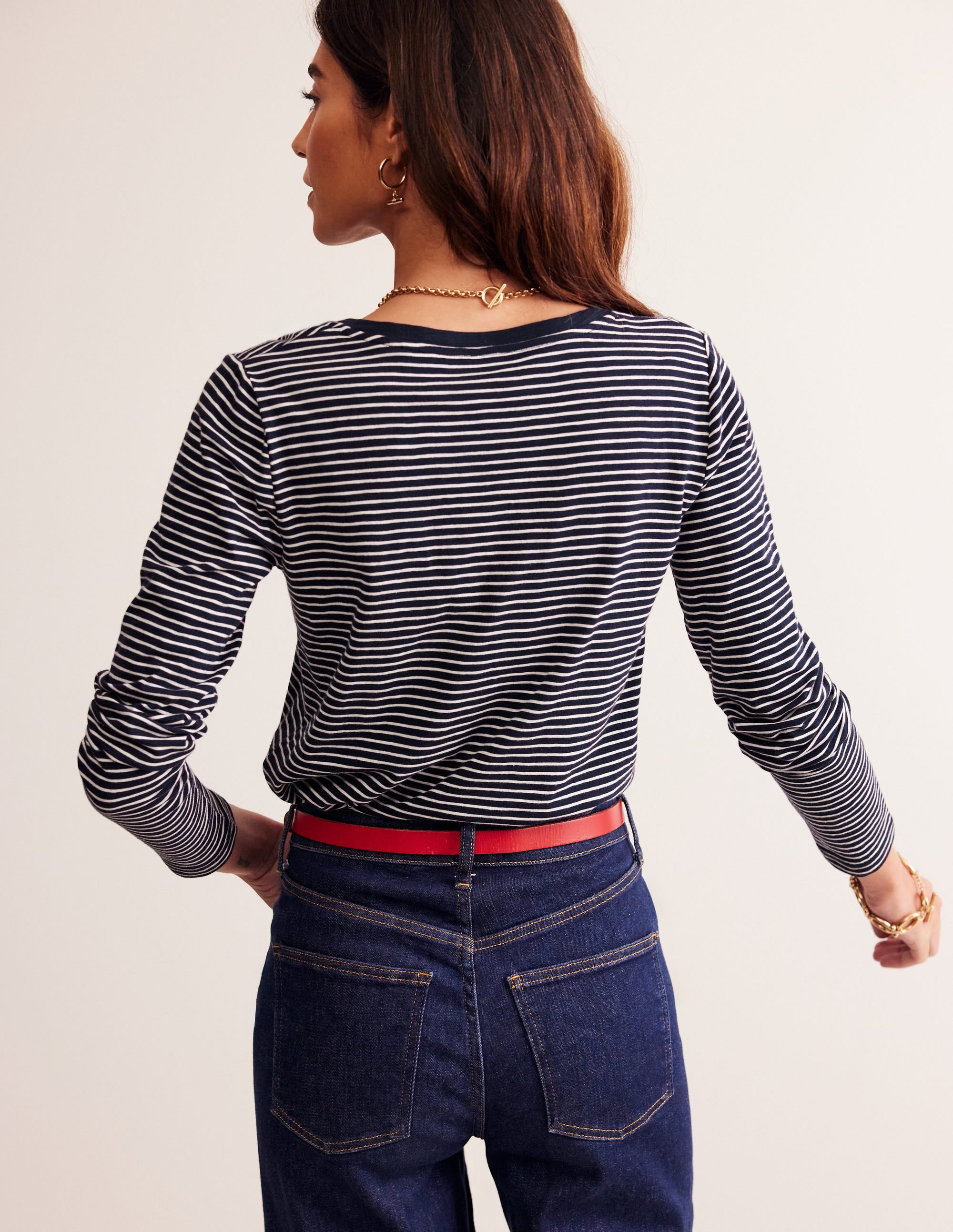 Cotton V-Neck Long Sleeve Top-Navy, Ivory - Image 3