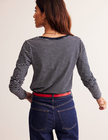 Cotton V-Neck Long Sleeve Top-Navy, Ivory