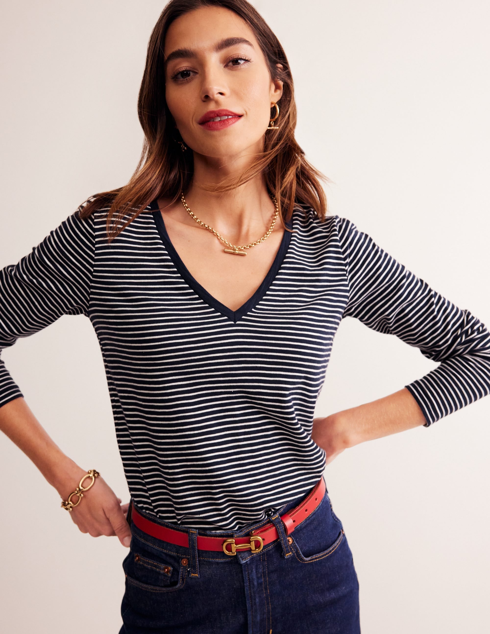 Cotton V-Neck Long Sleeve Top-Navy, Ivory - Image 4