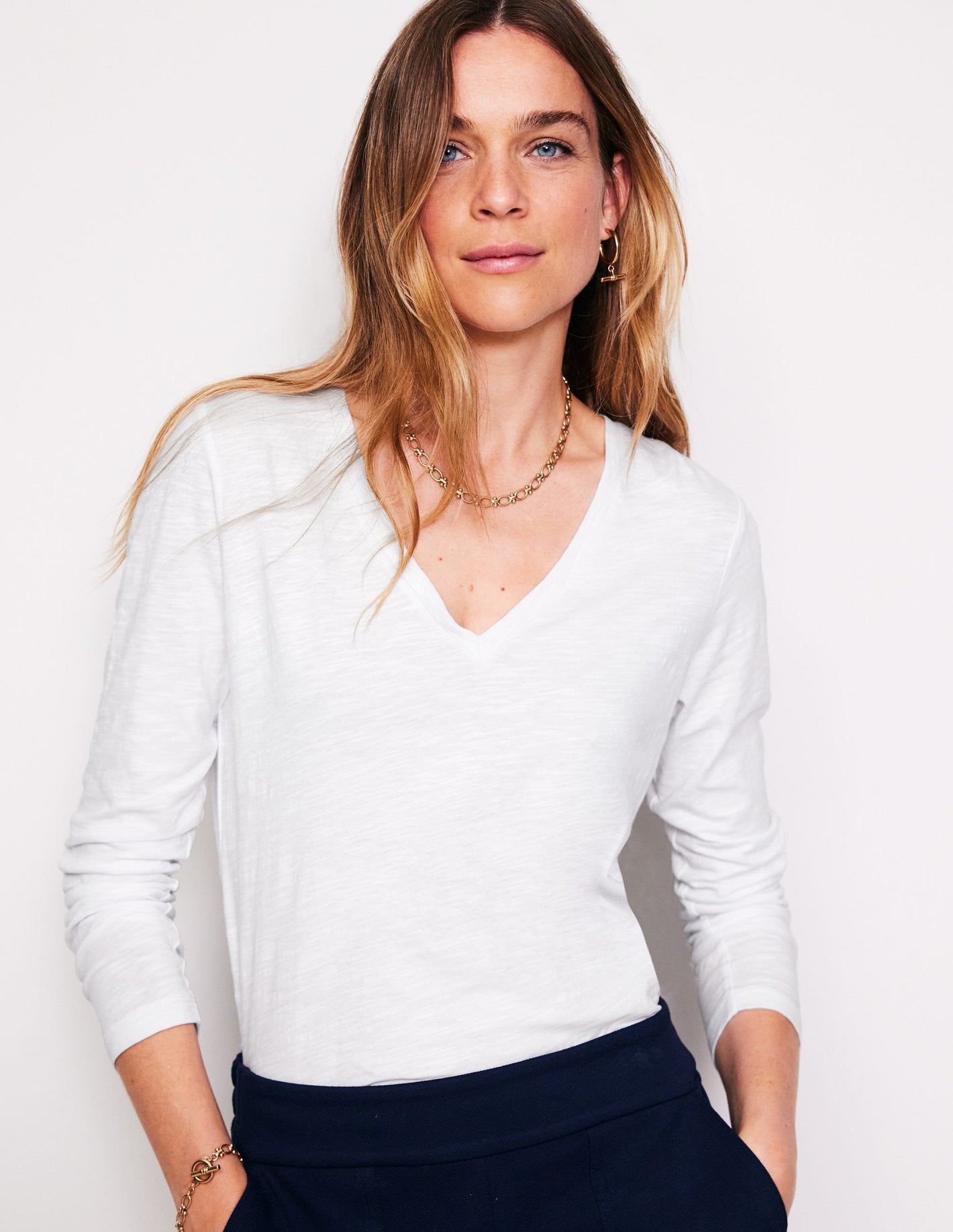 Cotton V-Neck Long Sleeve Top-White