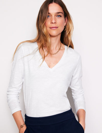 Cotton V-Neck Long Sleeve Top-White