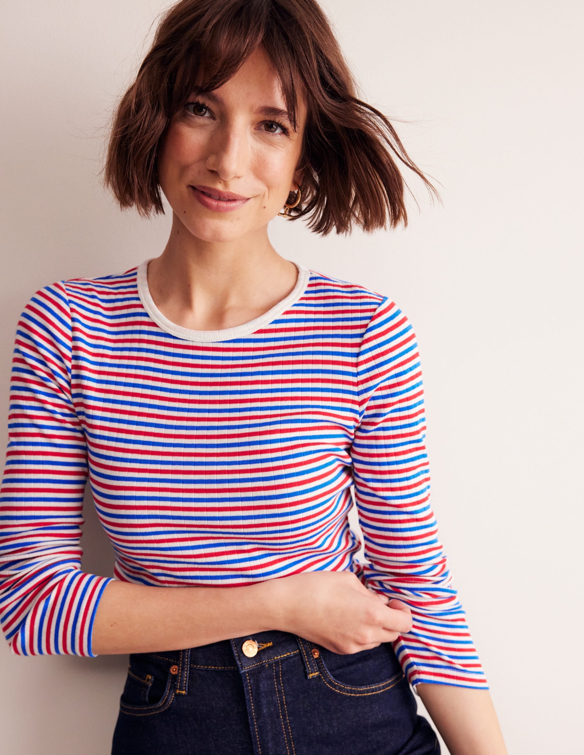 Anna Rib Long Sleeve T-Shirt-Red and Directoire Blue - Image 5