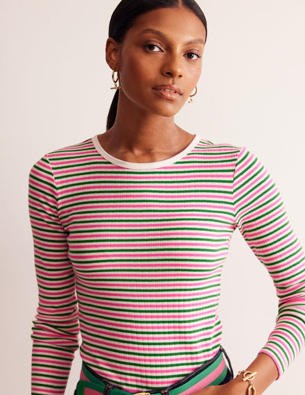 Anna Rib Long Sleeve T-Shirt-Sangria Sunset and Mint Green