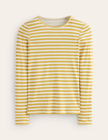 Anna Rib Long Sleeve T-Shirt-Oil Yellow, Ivory Stripe-5