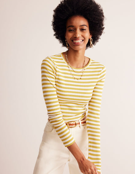 Anna Rib Long Sleeve T-Shirt-Oil Yellow, Ivory Stripe