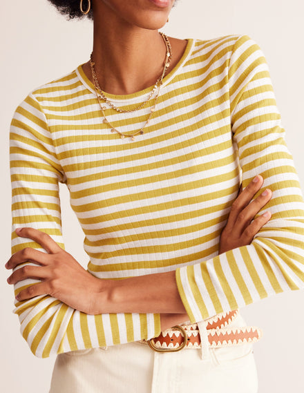 Anna Rib Long Sleeve T-Shirt-Oil Yellow, Ivory Stripe