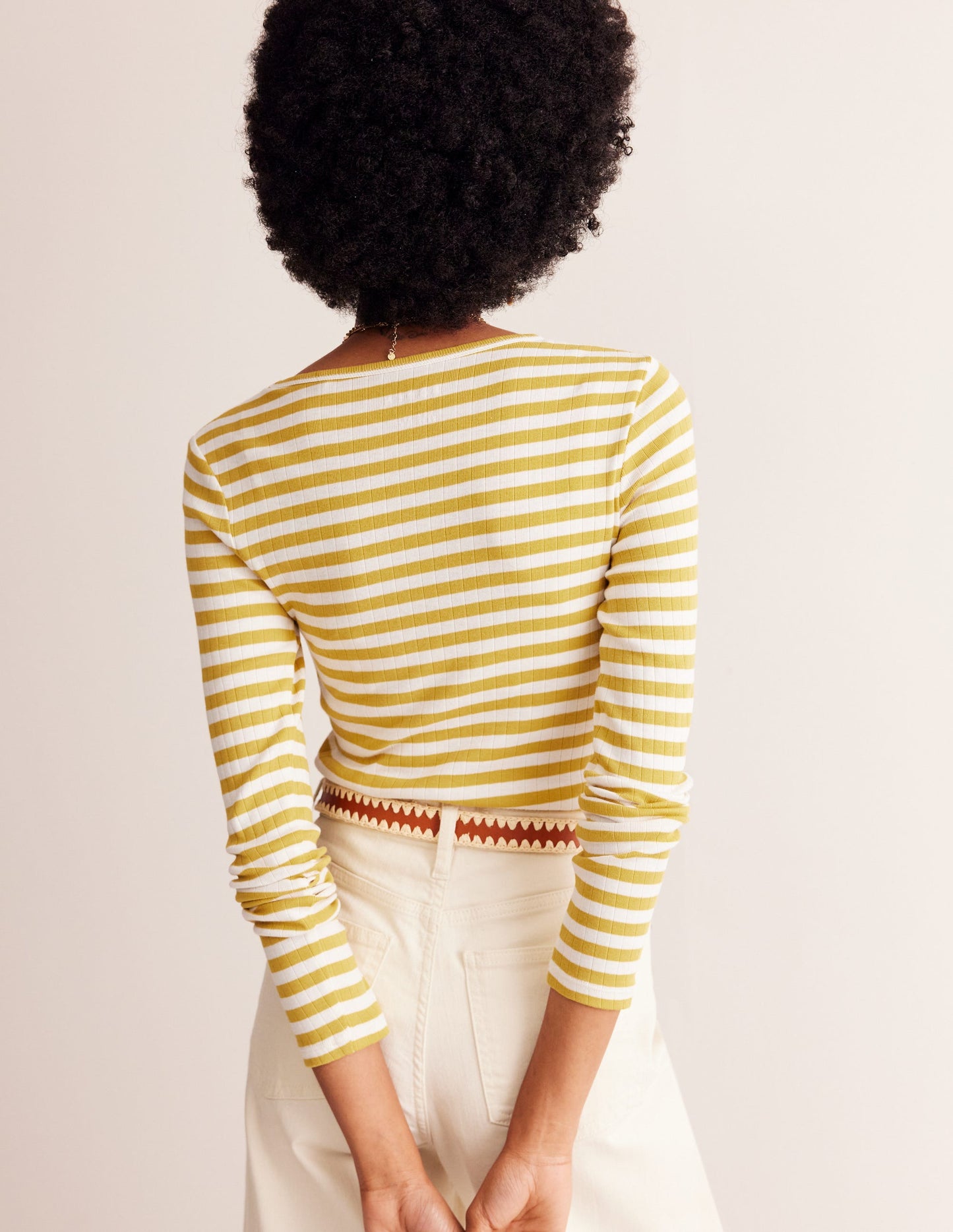 Anna Rib Long Sleeve T-Shirt-Oil Yellow, Ivory Stripe