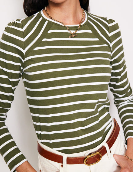Arabella Stripe Jersey Top-Khaki, Ivory Stripe
